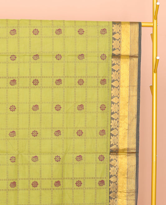 Leaf Green Venkatagiri Cotton Saree, Adorned with Butta Enclosed Checks, a Traditional Zari Border, a Floral-Print Pallu, and No Blouse
