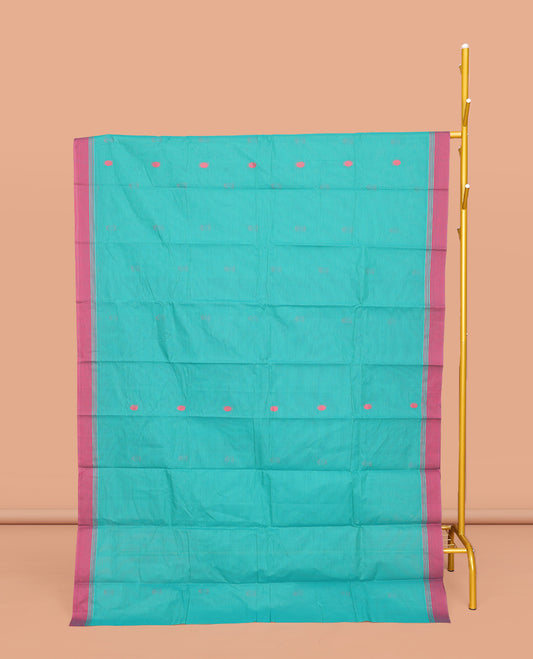 Blue Kanchi Cotton Saree, Features Buttas All Over Its Body, Complemented by a Contrast Border, Pallu of Intricate Designs, and Paired with a Matching Blouse