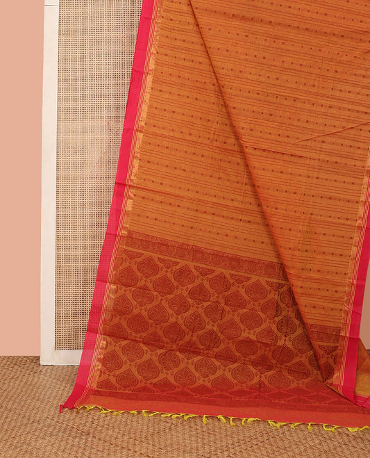 Orange Kanchi Cotton Saree, Woven with Buttas All Over Its Body, Complemented by Contrast Border, Pallu Featuring Spade Designs, and Paired with a Matching Blouse