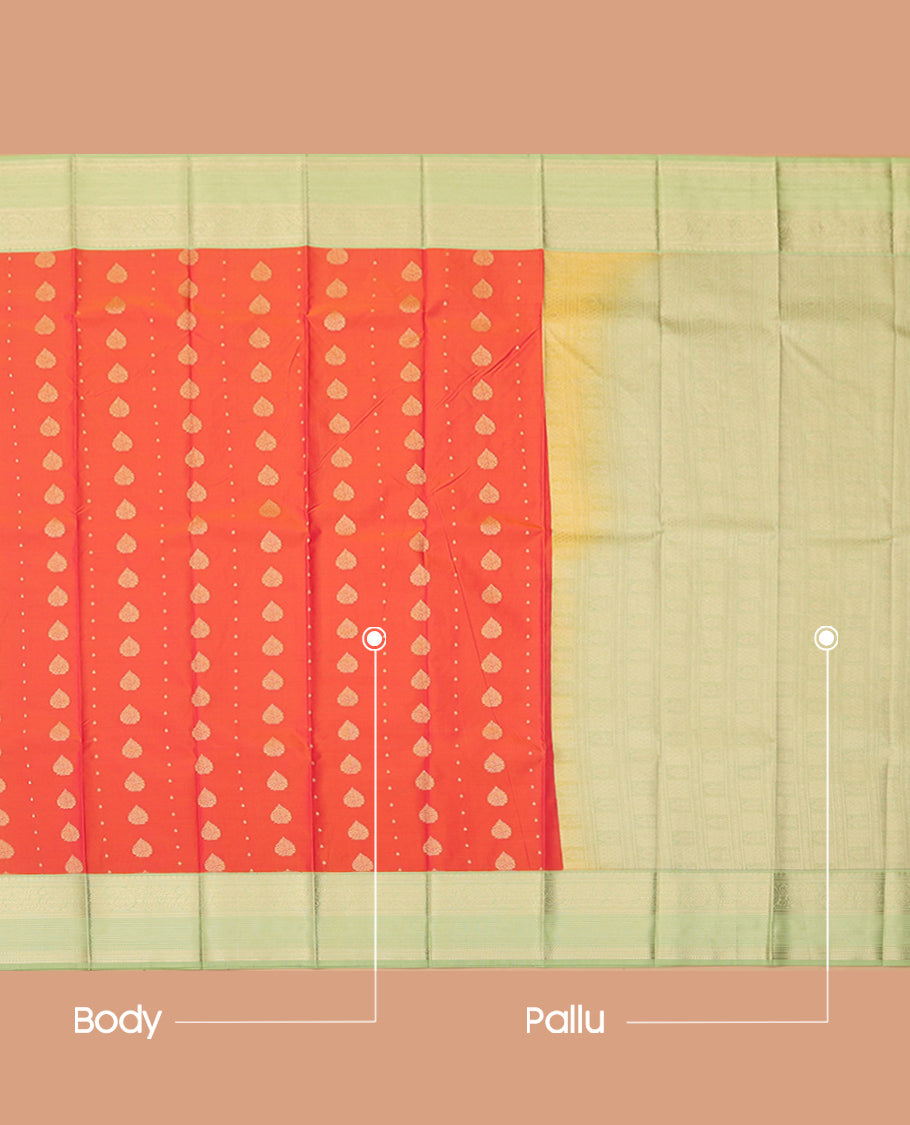 Orange Budget Silk Saree, Embellished with Zari Buttas, Complemented by Contrast Traditional Zari Border, an Intricate Pallu and a Contrast Blouse