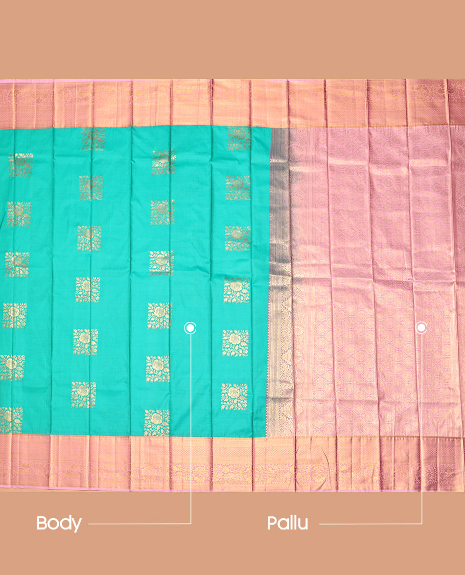 Turquoise Budget Silk Saree, Spotlighted with Zari Buttas, Complemented by Contrast Traditional Zari Border, a Grand Pallu and a Contrast Blouse