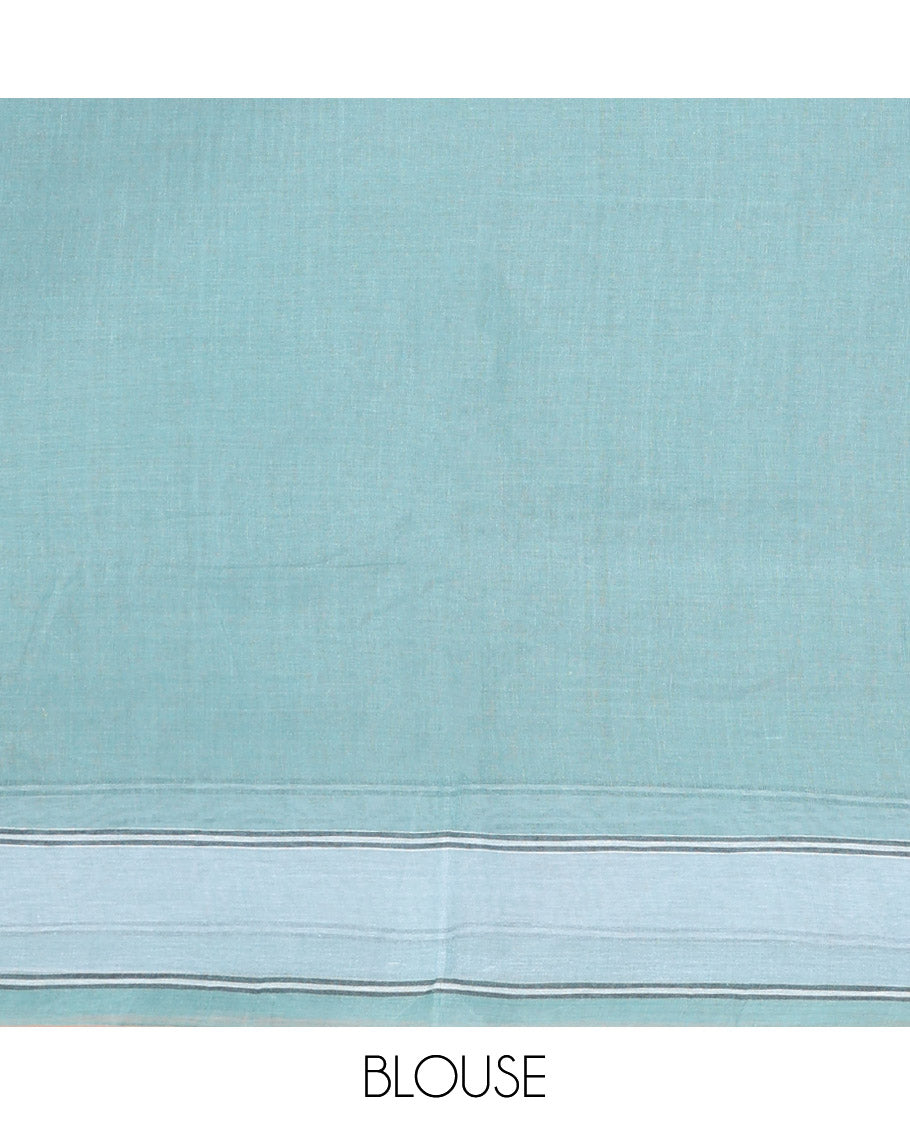 Blue Bengal Cotton Saree, Woven with Buttas, a Subtle Border, Pallu of Stripes, and a Matching Blouse