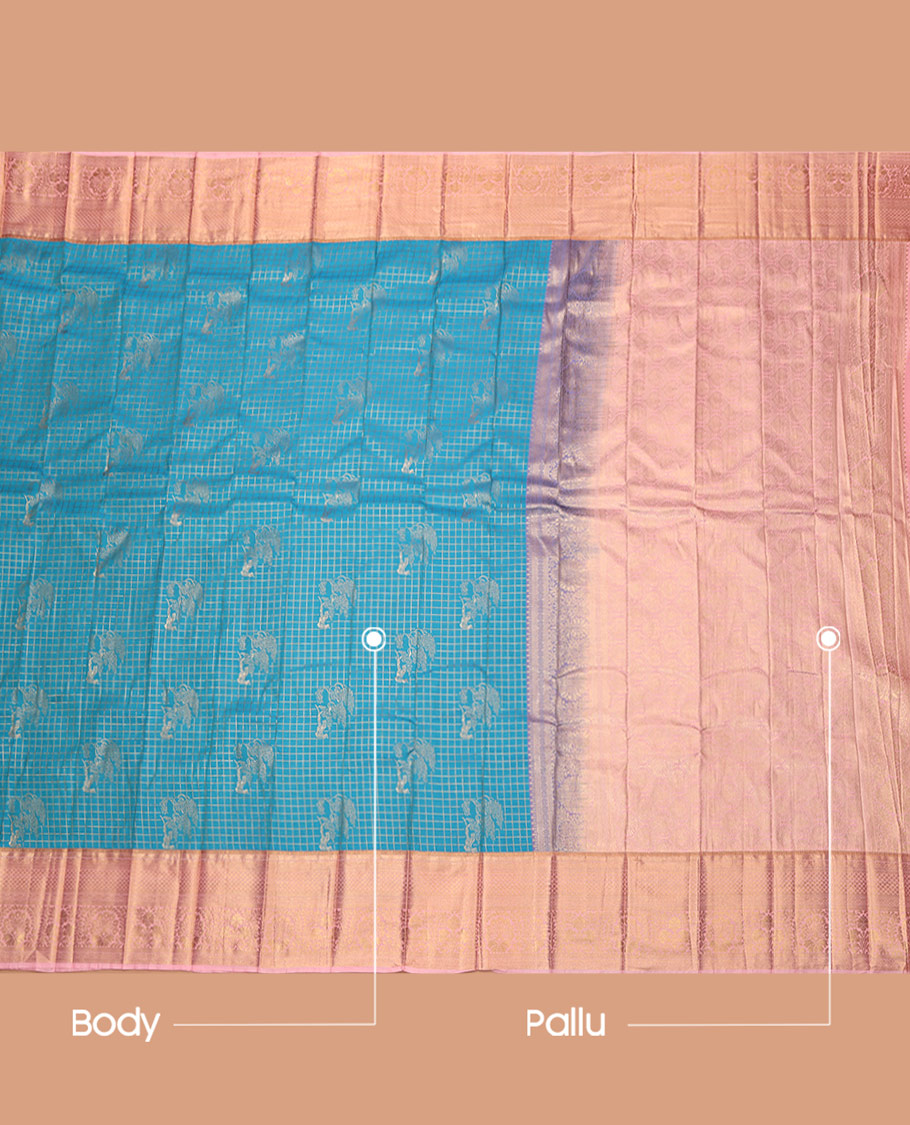 Blue Budget Silk Saree, Meticulously Crafted with Zari Buttas and Checks, Complemented by Contrast Traditional Zari Border, Intricate Pallu, and Contrast Blouse