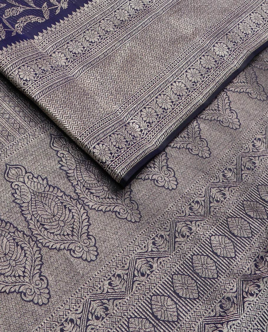 Blue floral-theme zari jacquard silk saree, intricate pallu & border of thilakam,neli,godhumai kann,kodi visiry & vanki