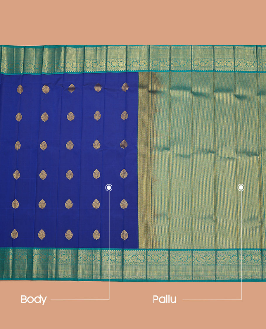 Royal Blue Budget Silk Saree, Embellished with Zari Buttas on Its Body, Complemented by a Contrast Traditional Zari Design Border, Grand Pallu, and Paired with a Contrast Blouse