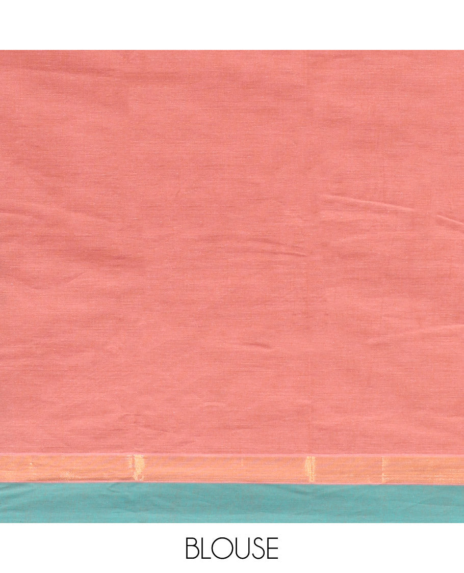 Peach Kanchi Cotton Saree, Adorned with Buttas, Complemented by a Contrast Border, Intricate Pallu, and a Matching Blouse