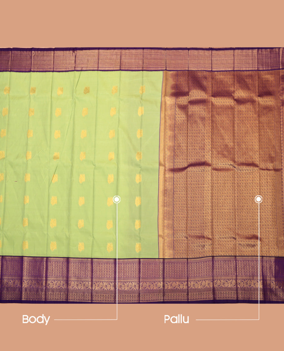 Green Budget Silk Saree, Sparsely Sparkled with Zari Buttas, Complemented by a Contrast Traditional Zari Border, Intricate Pallu, and Contrast Blouse