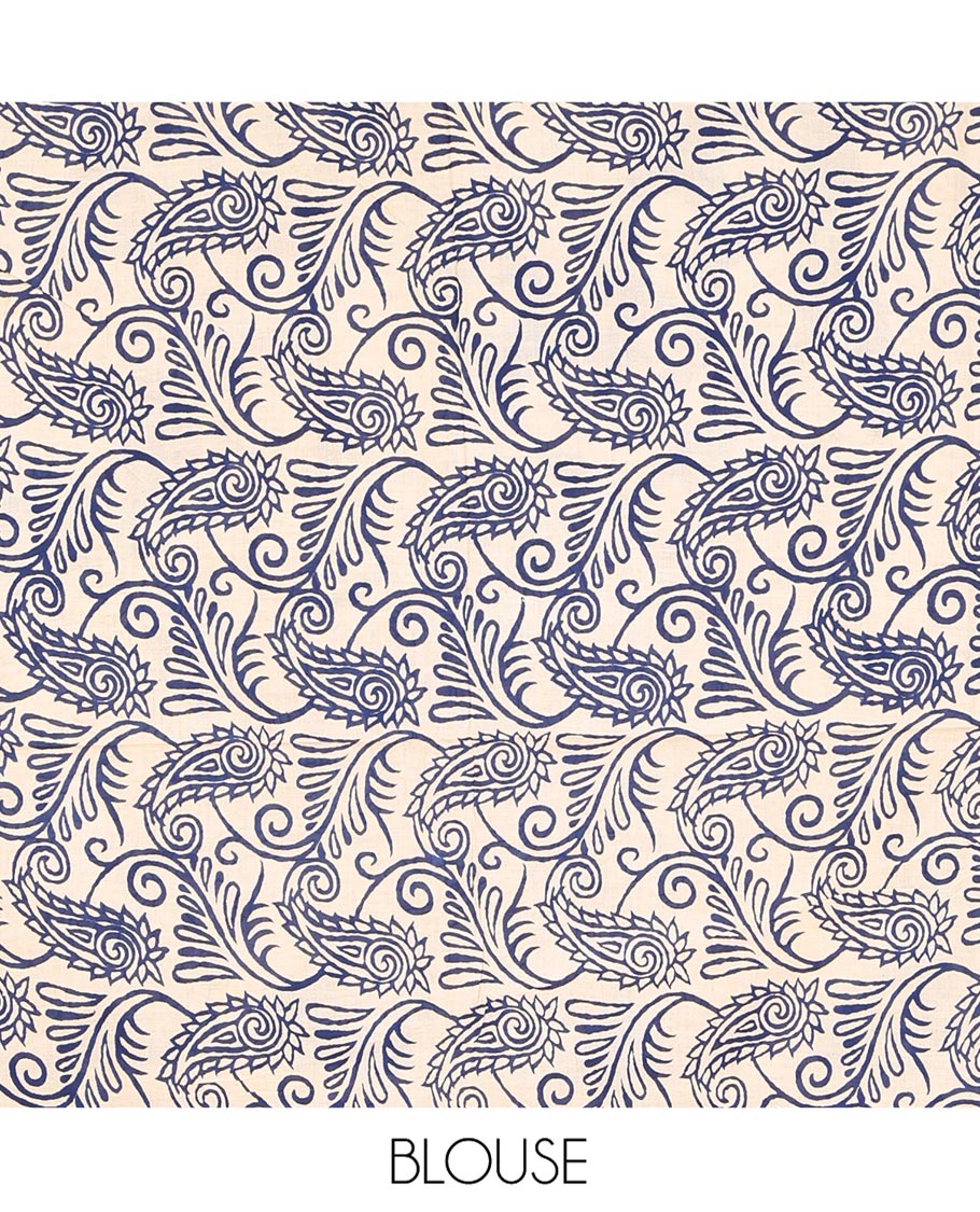 Blue and Off-White Machine-Printed Kalamkari Cotton Saree, Steeped with Buttas on Its Body, Subtle Ikkat Geometric Printed Border, Pallu of Peacock Print, and Paired with a Printed Blouse
