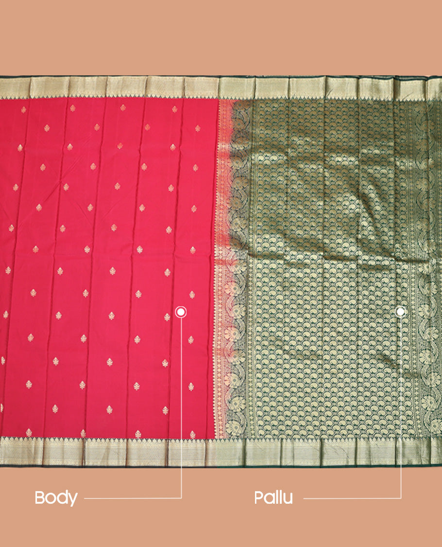 Red Budget Silk Saree, Prettified with Zari Buttas, Captivating Contrast Traditional Zari Design Border, Pallu of Paisley Butta Enclosed Jaal Design, and Has a Contrast Blouse