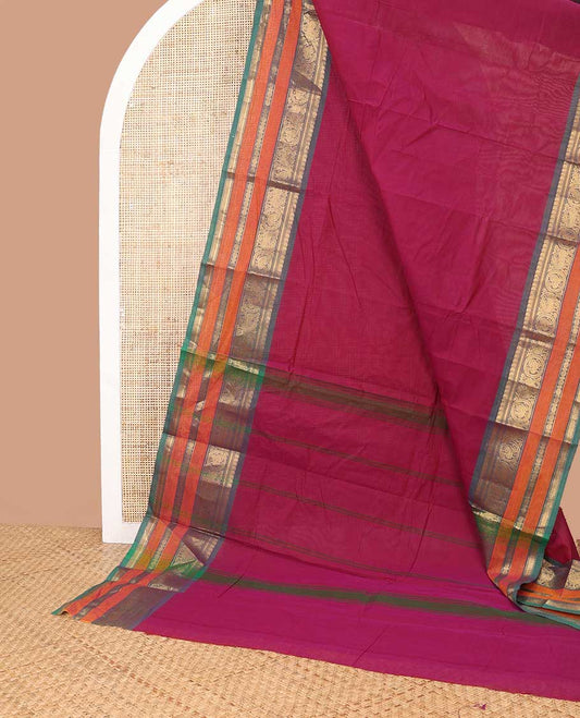 Pink chettinad cotton saree with contrast traditional zari design border & striped pallu