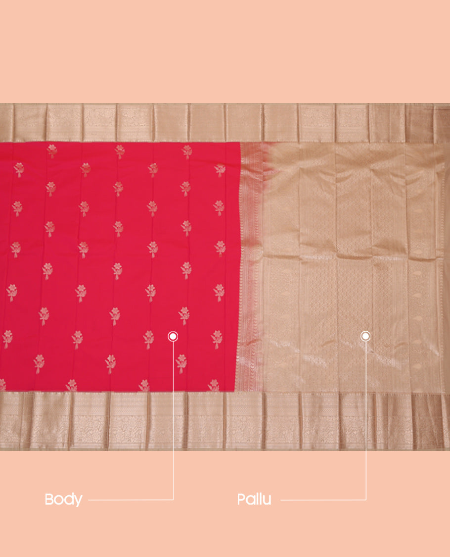 Red Budget Silk Saree, Enriched with Zari Buttas, Complemented by a Contrast Traditional Zari Border, Grand Pallu, and a Contrast Blouse
