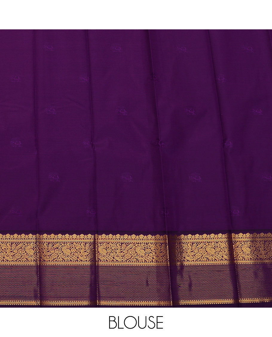 Turquoise Budget Silk Saree, Highlighted with Elephant Buttas All Over Its Body, Complemented by a Contrast Traditional Zari Design Border of Peacocks, Artfully Woven Pallu of Jaal Designs, and Paired with a Contrast Blouse