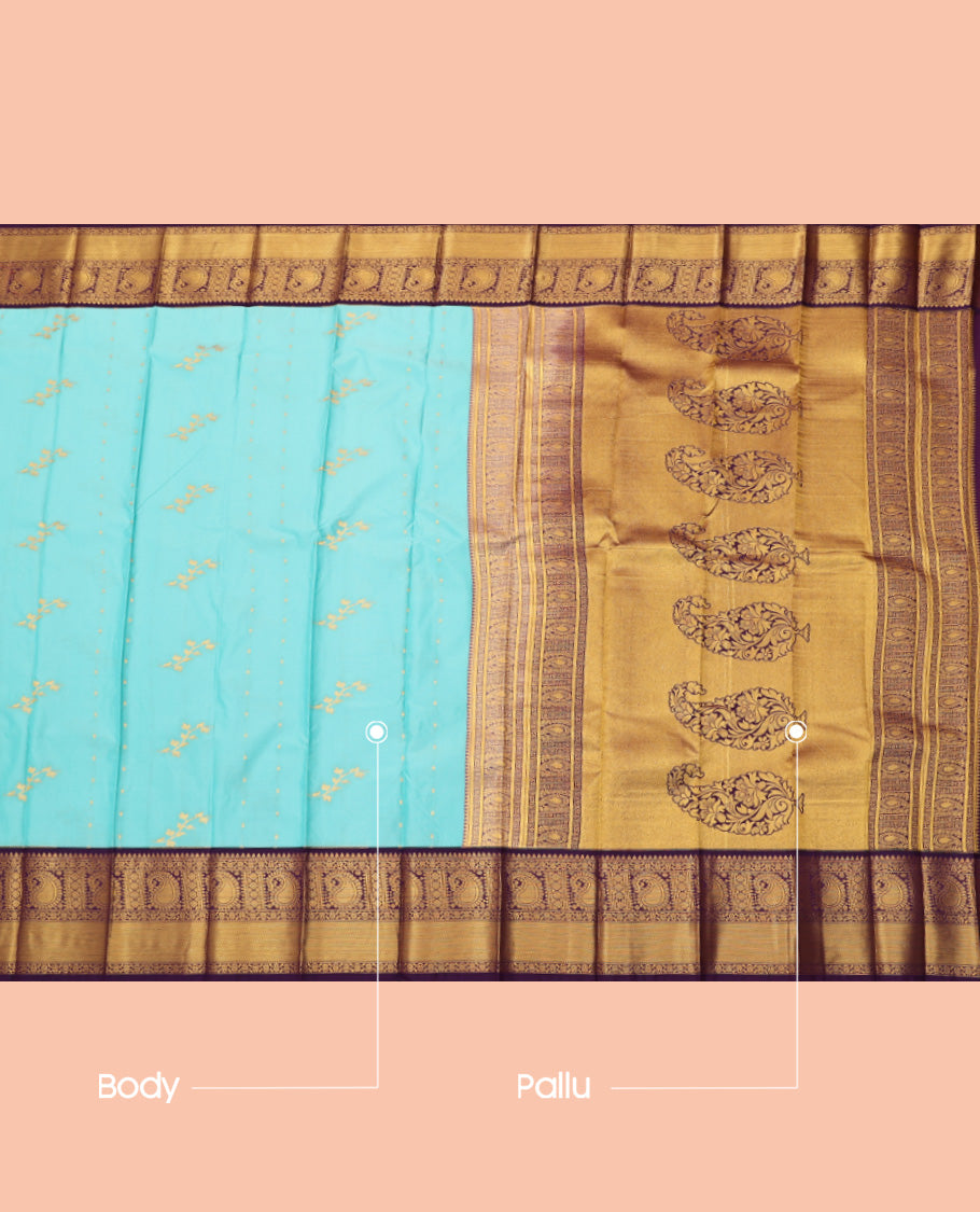 Blue Budget Silk Saree, Mesmerized with Zari Buttas, a Contrast Traditional Zari Border, Paisley Pallu, and a Contrast Blouse