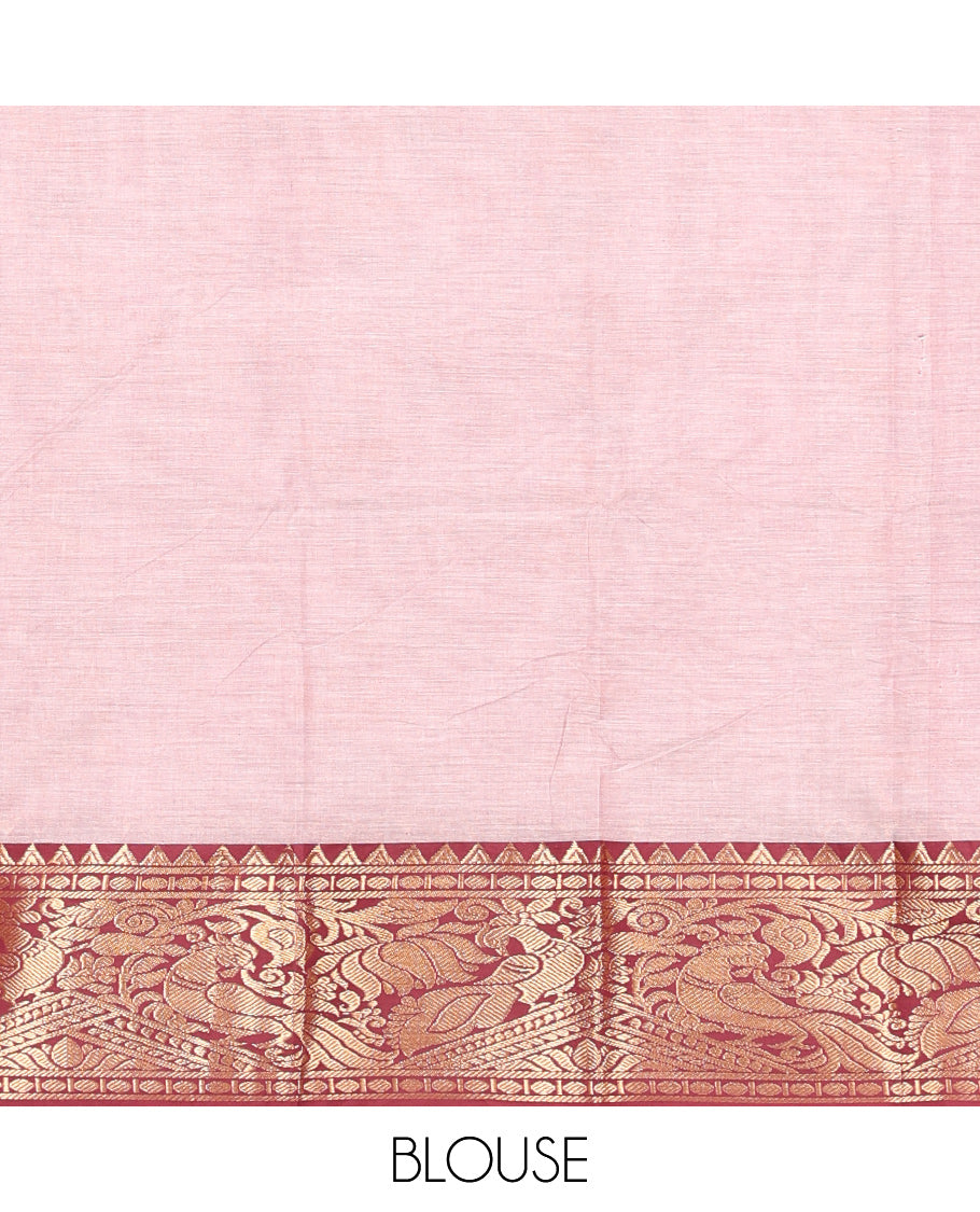 Pink Andhra Cotton Saree, Prettified with Village-Themed Print, a Contrast Peacock Zari Border, a Pallu of Patola-Print, and a Matching Blouse
