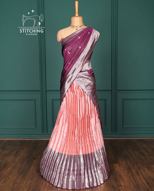 Pink jacquard art-silk half-saree, contrast traditional zari design border, jacquard blouse & intricate dupatta