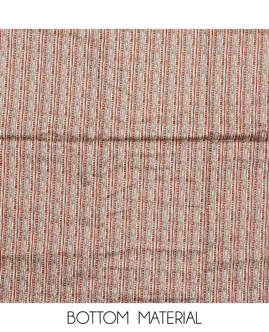 Rust Material Chudidar Set, Decorated with Abstract Print and Neck Embroidered Cotton Top, a Printed Cotton Bottom, and Paired with a Ikkat-Style Geometric Printed Cotton Dupatta