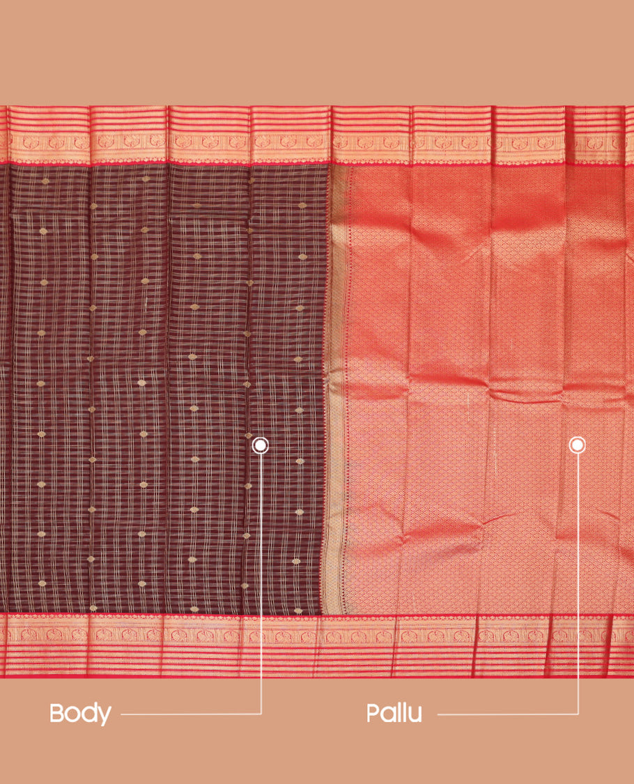 Maroon Budget Silk Saree, Ornamented with Zari Buttas, a Contrast Traditional Zari Border, Grand Pallu, and a Contrast Blouse