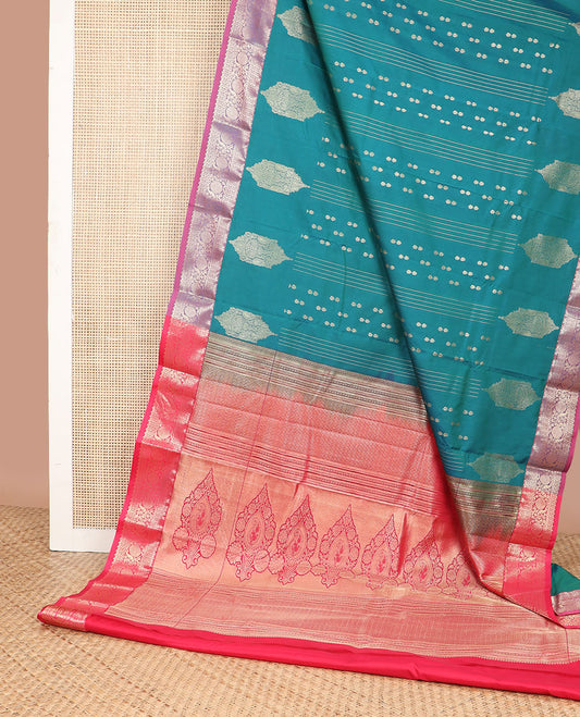 Blue striped, floral design gift saree with contrast zari design border & floral jaal design pallu