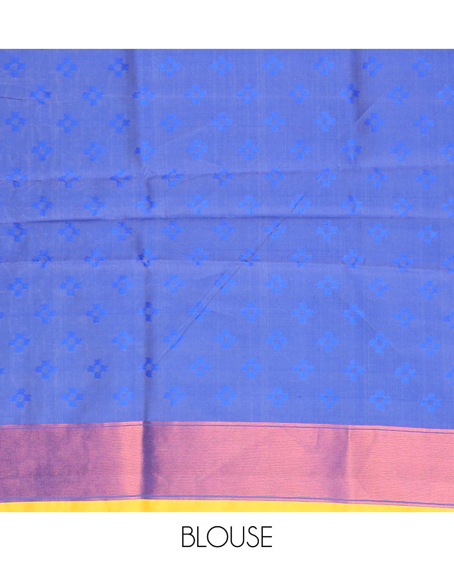 Blue floral motifs butter silk saree with contrast zig zag striped border & geometric motifs pallu