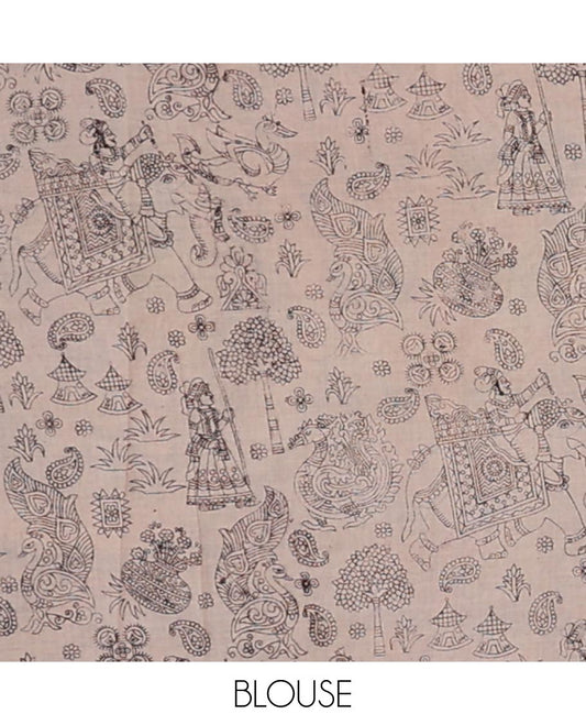 Blue intricate design machine-printed kalamkari cotton saree with elephant, human design border & floral, geometric design pallu