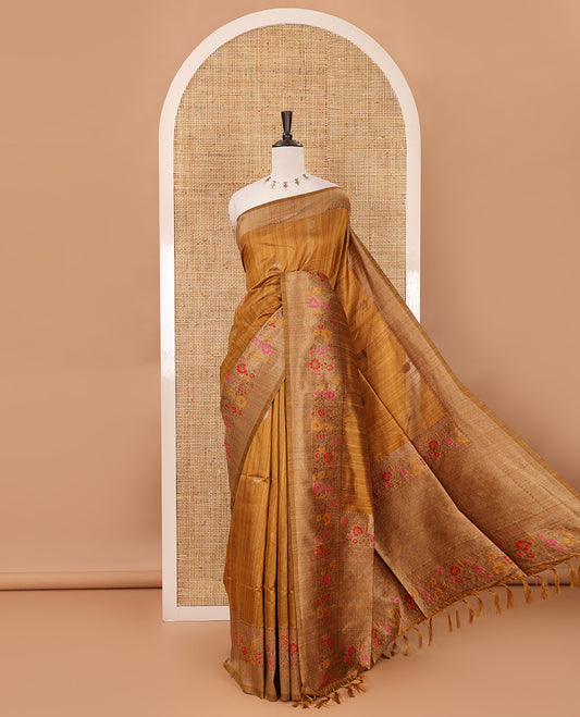 Mustard floral zari buttas jute silk saree, contrast meenakari floral creeper & jaal design border, jaal pallu & matching plain blouse