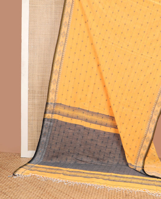 Orange striped, arrow design ikkat cotton saree with contrast floral design border & striped pallu