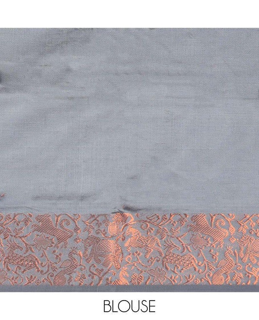 Grey floral motifs banana pith saree with contrast zari border & striped , floral motifs pallu
