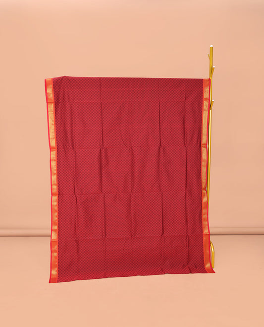 Maroon Checked Poly Cotton Saree, Complemented by Contrast Zari Border, Pallu of Stripes, and Paired with a Contrast Blouse