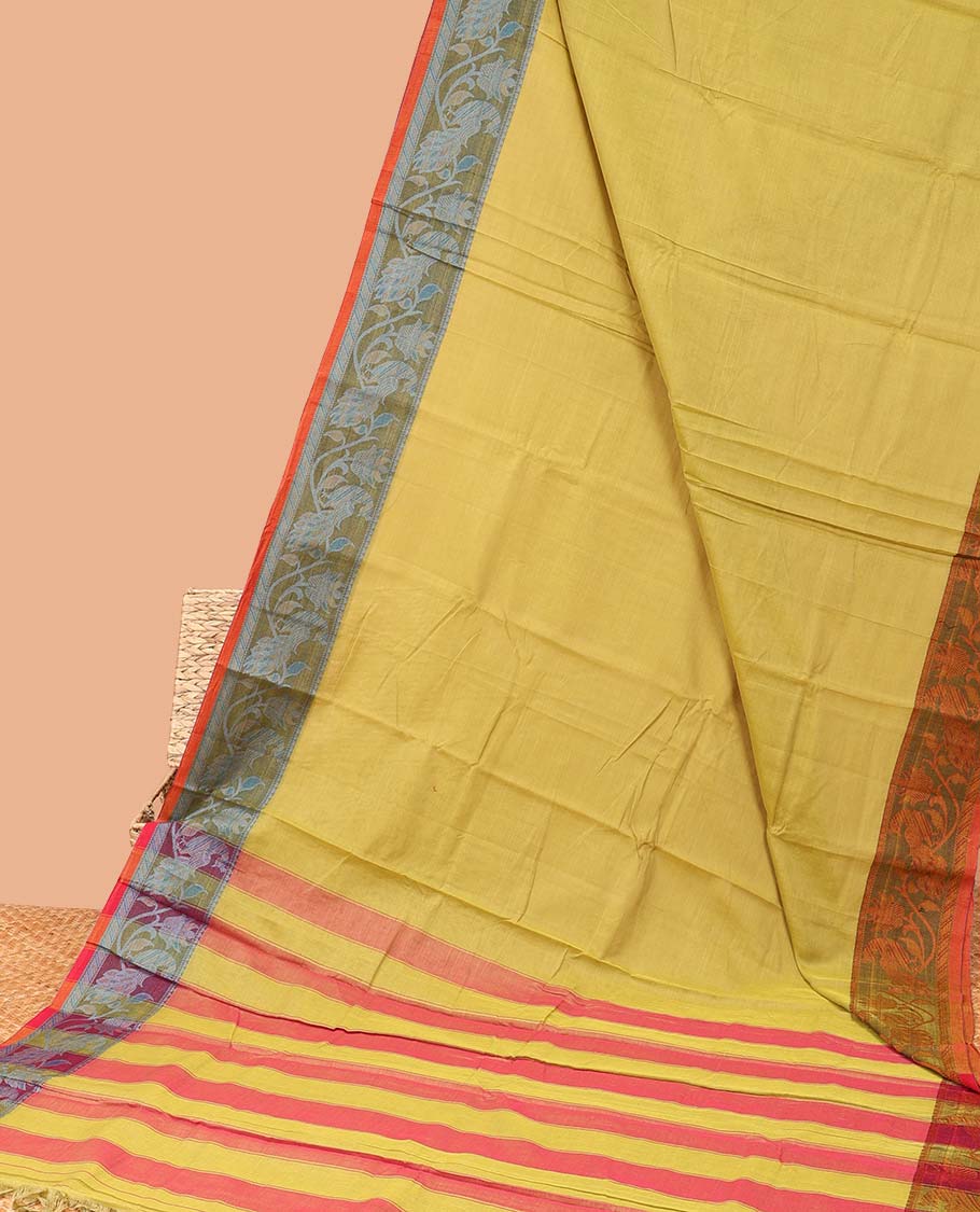 Yellow plain design Narayanapet cotton saree, contrast ganga jamuna leaf creeper border & striped pallu