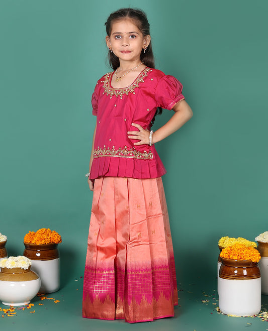 Peach readymade art silk pavadai, zari buttas & contrast traditional border skirt, & embroidered puff-sleeve round-neck blouse