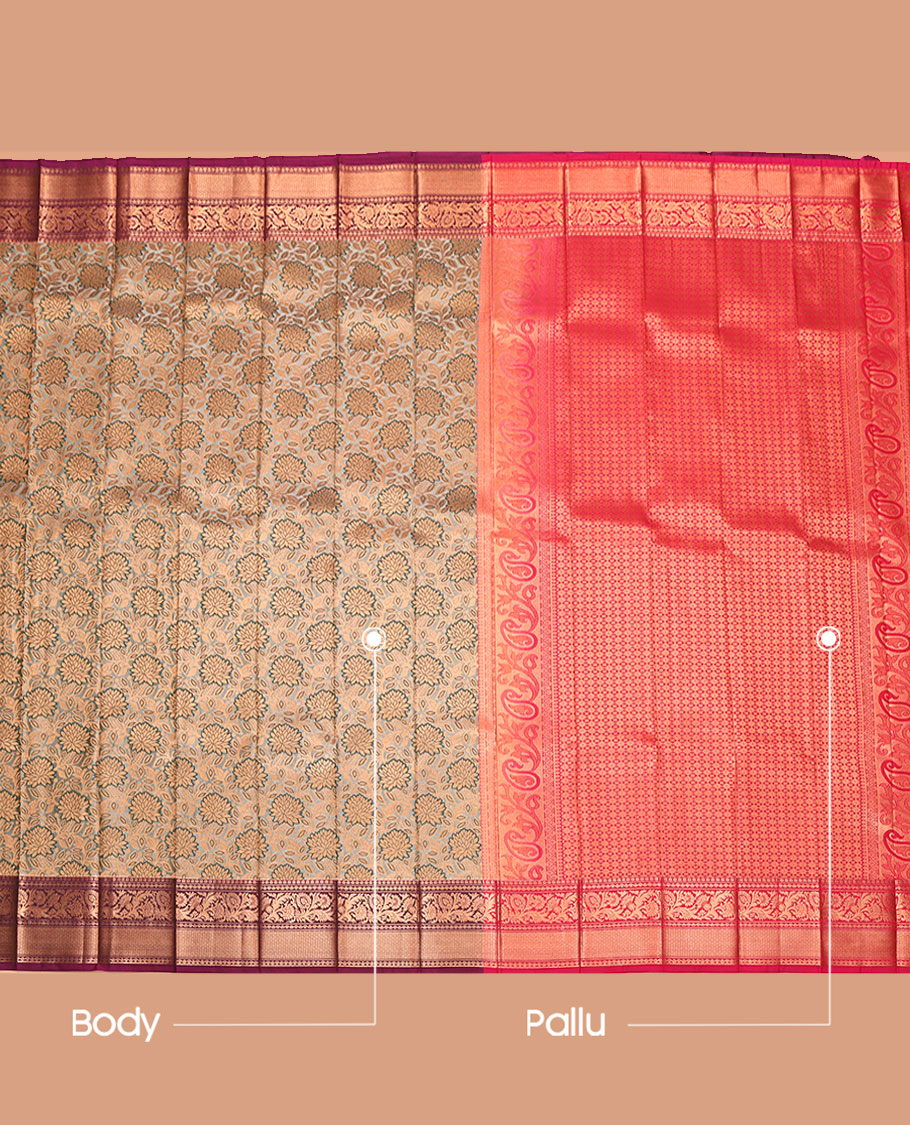 Grey Budget Silk Saree, Delicately Woven with Floral Jacquard Design, Complemented by a Contrast Traditional Zari Border, Grand Pallu, and a Contrast Blouse