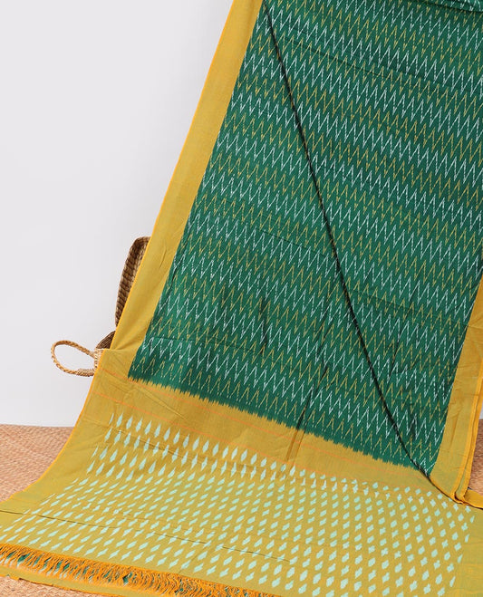 Dark green geometric design ikkat cotton saree with contrast border & intricate design pallu