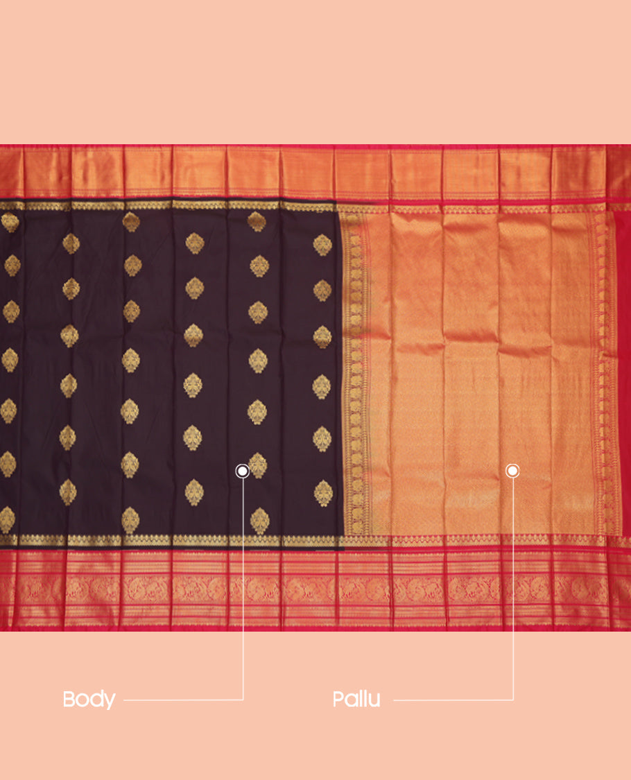 Wine Budget Silk Saree, Ornamented with Zari Buttas, Complemented by Contrast Traditional Zari Border, a Jaal Pallu and a Matching Blouse