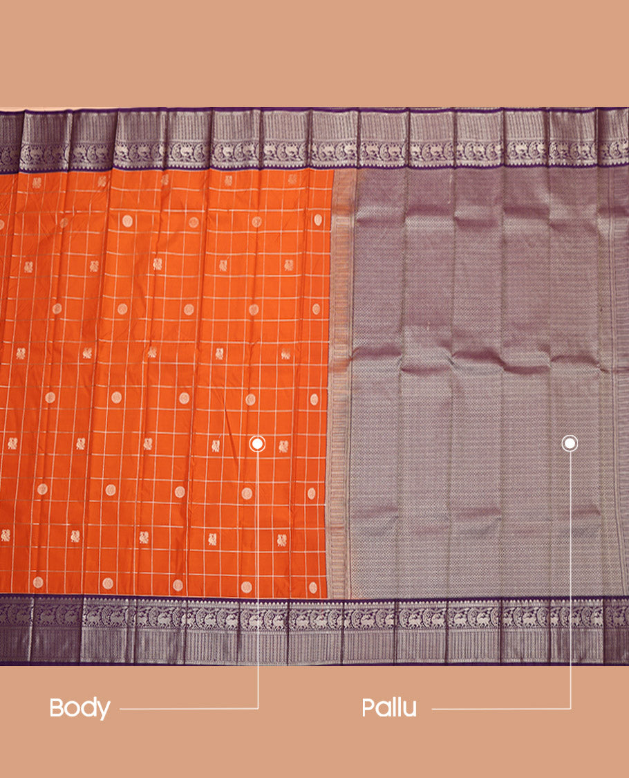 Orange Budget Silk Saree, Elevated with Peacock-Chakram Butta Enclosed Checks, Contrast Yaali Motifs Featured Border, Grand Jaal Pallu, and a Contrast Blouse