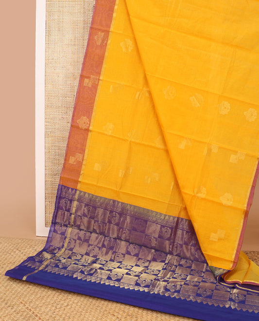 Yellow motifs silk cotton saree with contrast zari design border & floral design pallu