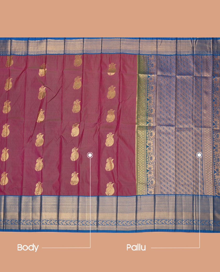 Purple Budget Silk Saree, Adorned with Zari Buttas, Complemented by a Contrast Traditional Border, Grand Pallu, and a Contrast Blouse