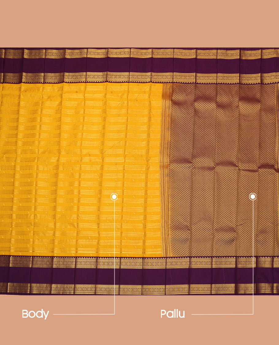 Mustard Budget Silk Saree, Styled with Zari Buttas and Stripes, Complemented by a Contrast Traditional Rettai Pettu Zari Border, Grand Jaal Pallu, and Contrast Blouse