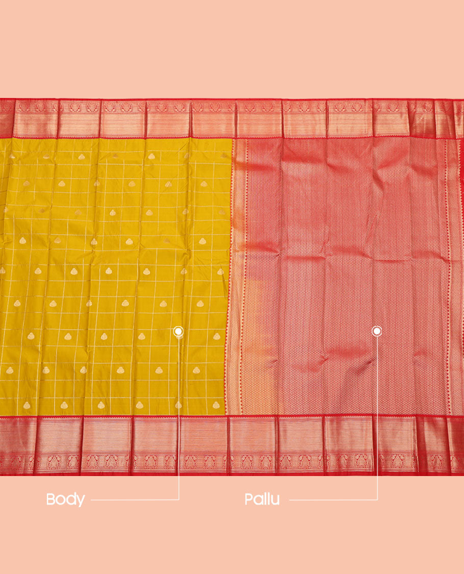 Yellow Budget Silk Saree, Woven with Zari Butta Enclosed Checks, Contrast Traditional Zari Design Border, Grand Jaal Pallu, and a Contrast Blouse