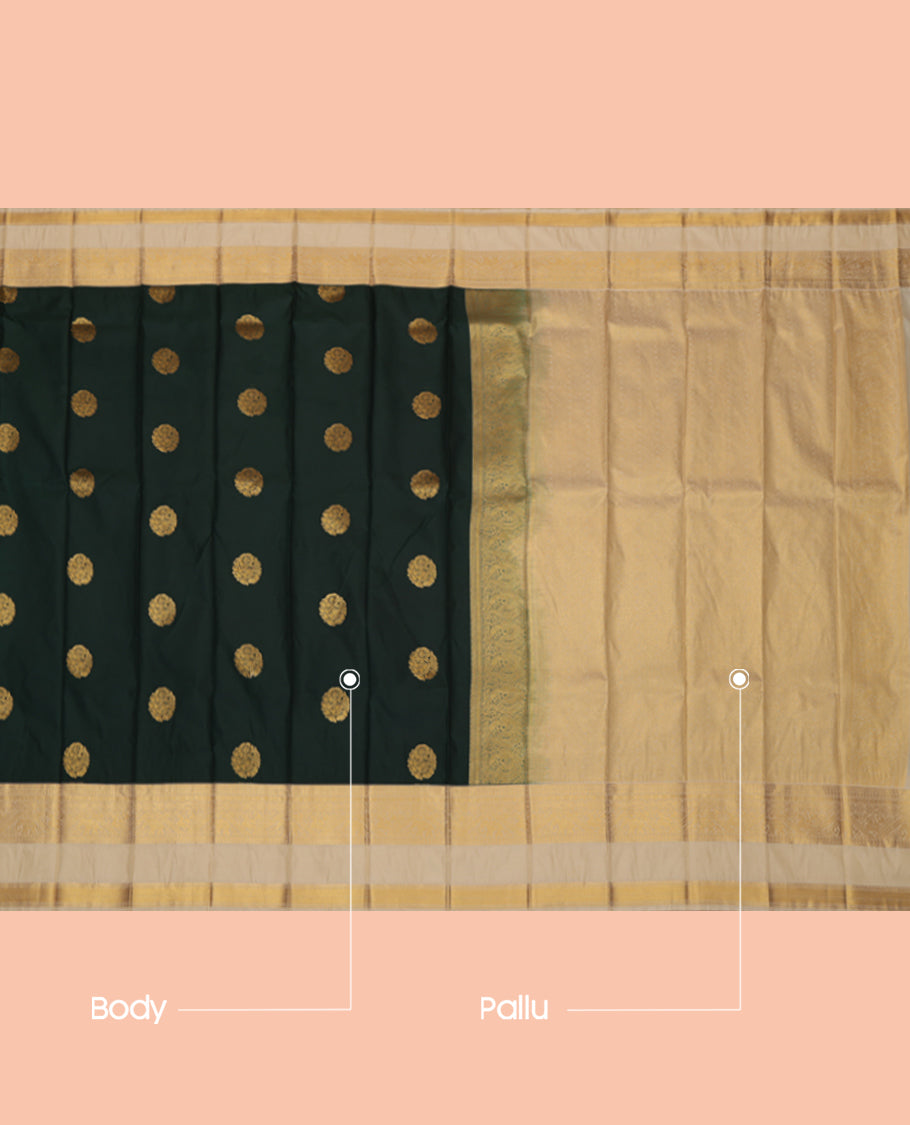 Green Budget Silk Saree, Enriched with Floral Buttas, a Contrast Traditional Zari Rettai Pettu Border, an Intricate Pallu and a Contrast Blouse