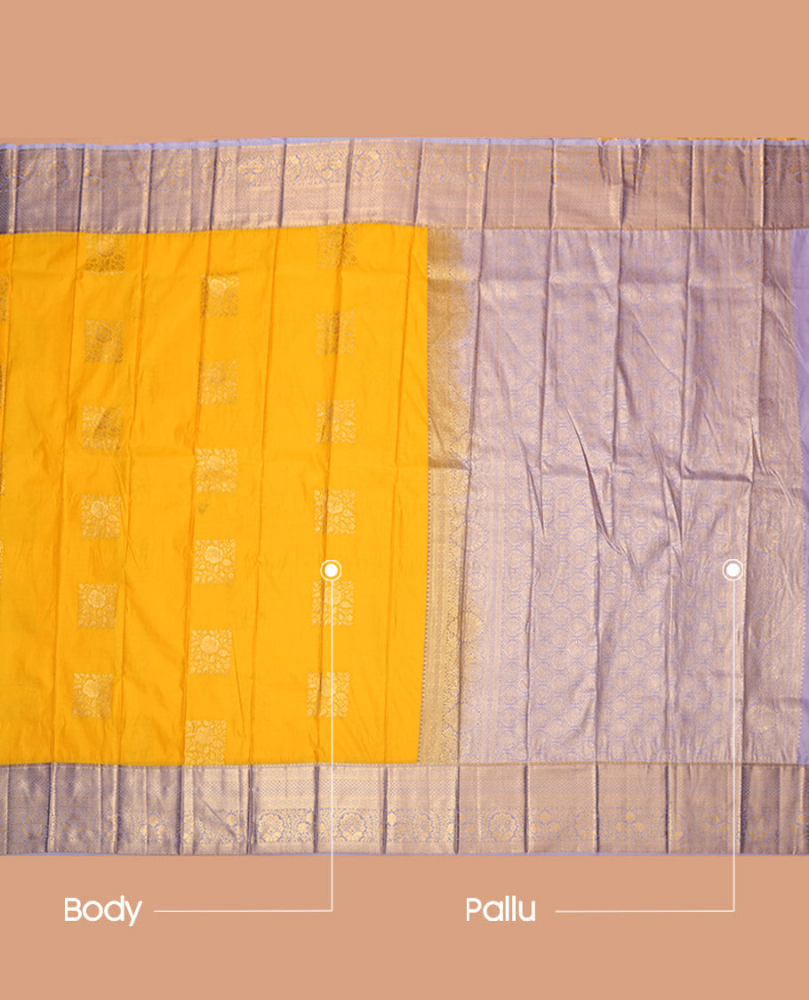 Yellow Budget Silk Saree, Sparsely Woven with Zari Buttas, Contrast Traditional Zari Border, Grand Pallu, and a Contrast Blouse