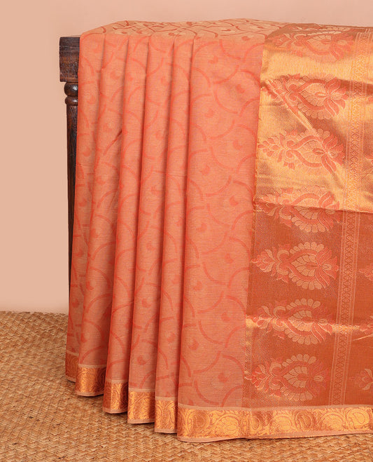 Orange buttas Combatiore cotton saree, paisley creeper zari border & pallu of intricate designs
