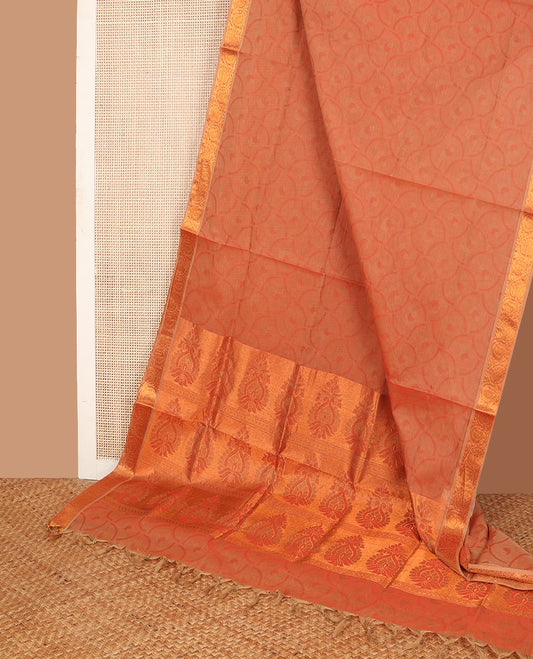 Orange buttas Combatiore cotton saree, paisley creeper zari border & pallu of intricate designs