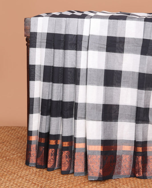 Black and white checked Chettinad cotton saree, copper zari border of intricate paisley design weave & striped pallu