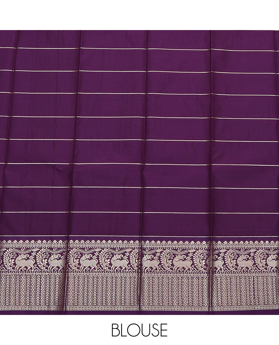 Orange Budget Silk Saree, Elevated with Peacock-Chakram Butta Enclosed Checks, Contrast Yaali Motifs Featured Border, Grand Jaal Pallu, and a Contrast Blouse