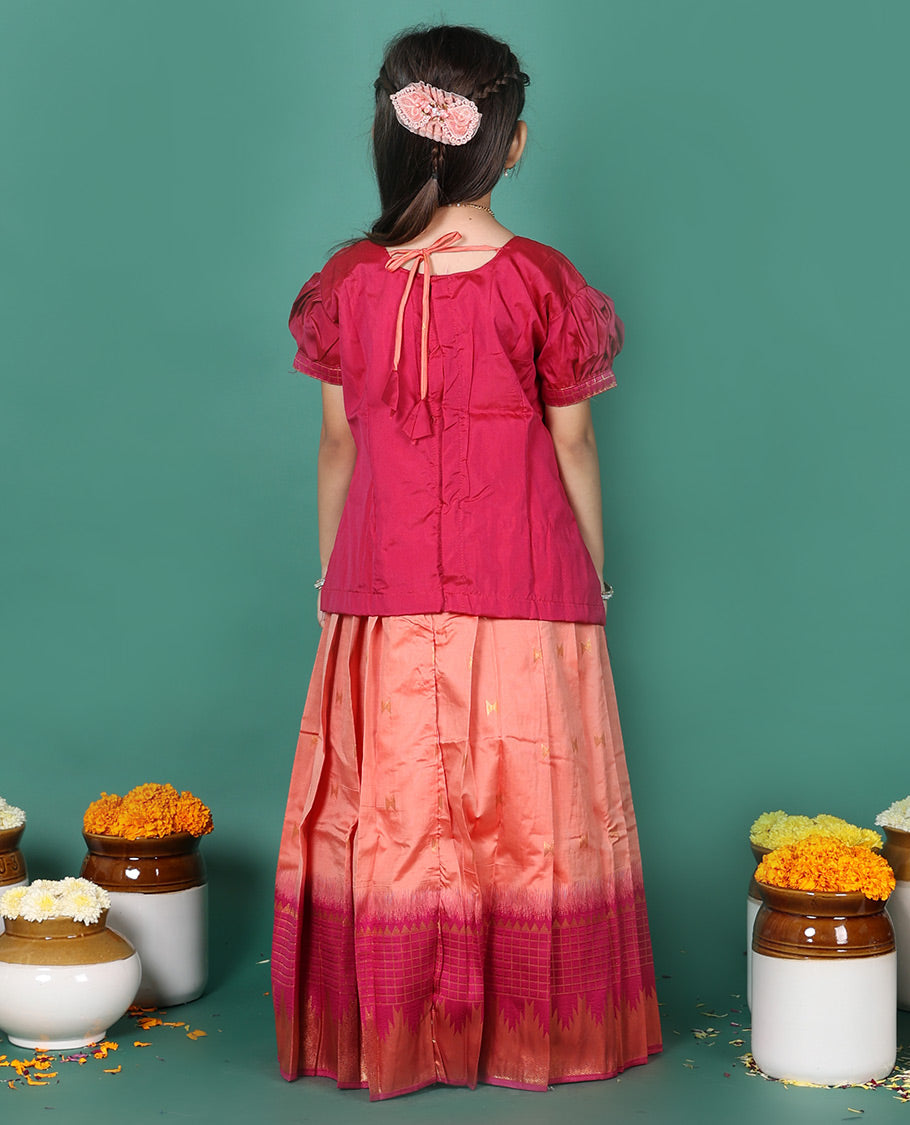Peach readymade art silk pavadai, zari buttas & contrast traditional border skirt, & embroidered puff-sleeve round-neck blouse