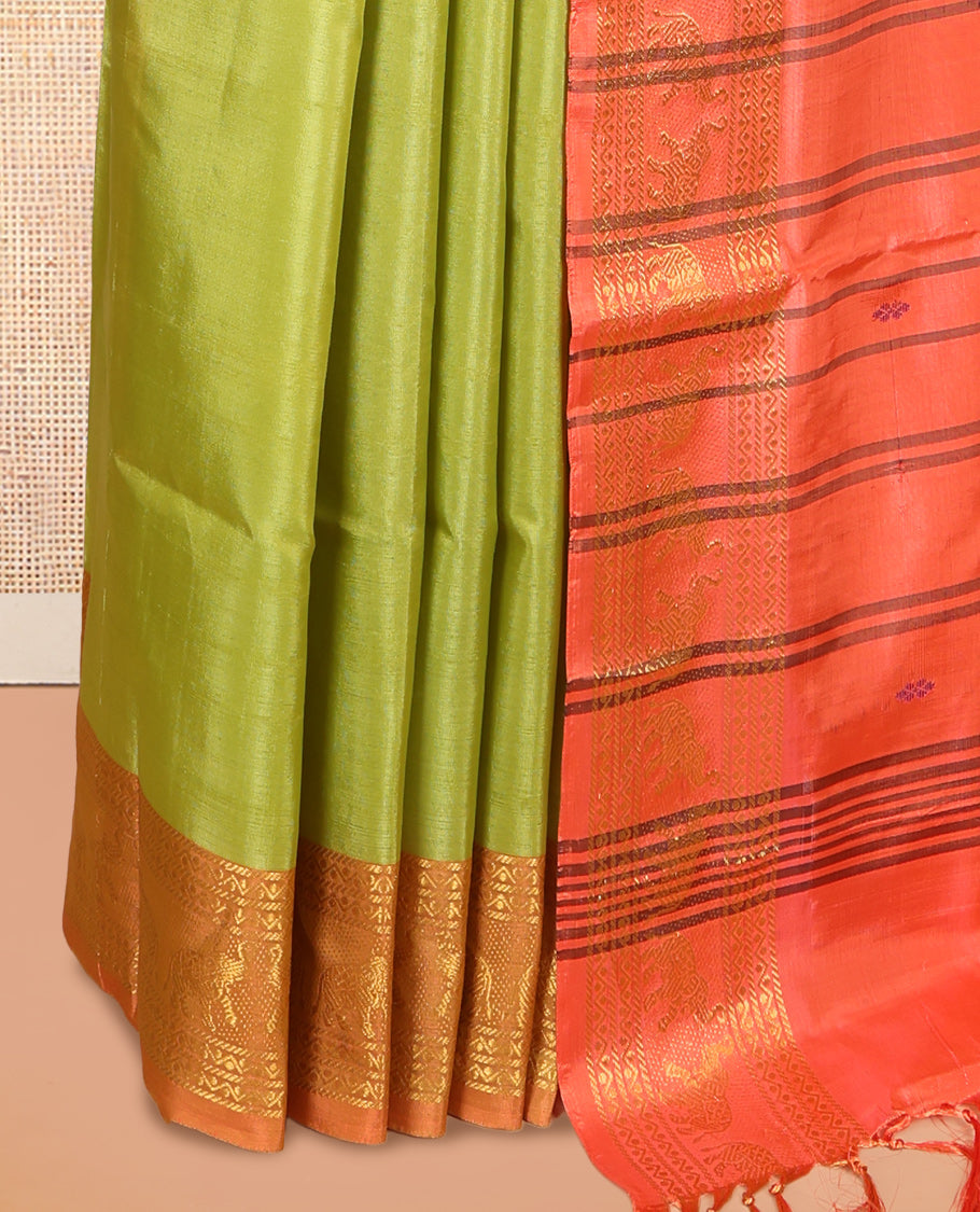 Green Banana Pith Saree, Adorned with Zari Buttas, a Contrast Traditional Zari Border, Striped Pallu, and a Contrast Blouse