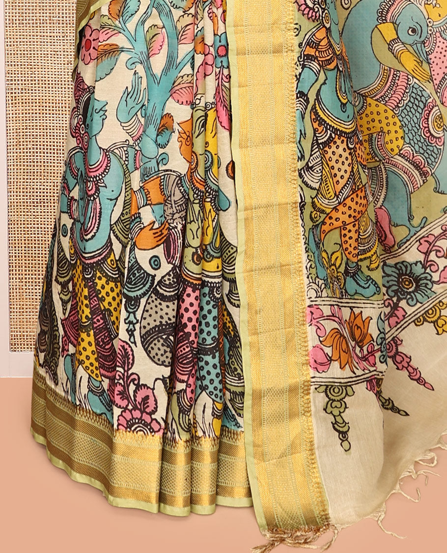 Cream Kalamkari Silk Saree, Beautifully Bedecked with Ancient Human Figurines, a Contrast Traditional Border, Pallu of Ancient Human Motifs, and a Contrast Blouse
