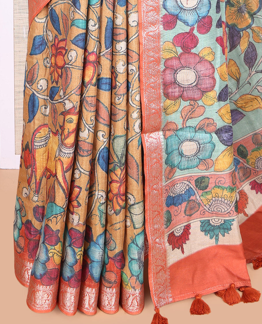 Sandal Kalamkari Printed Fancy Tussar Saree