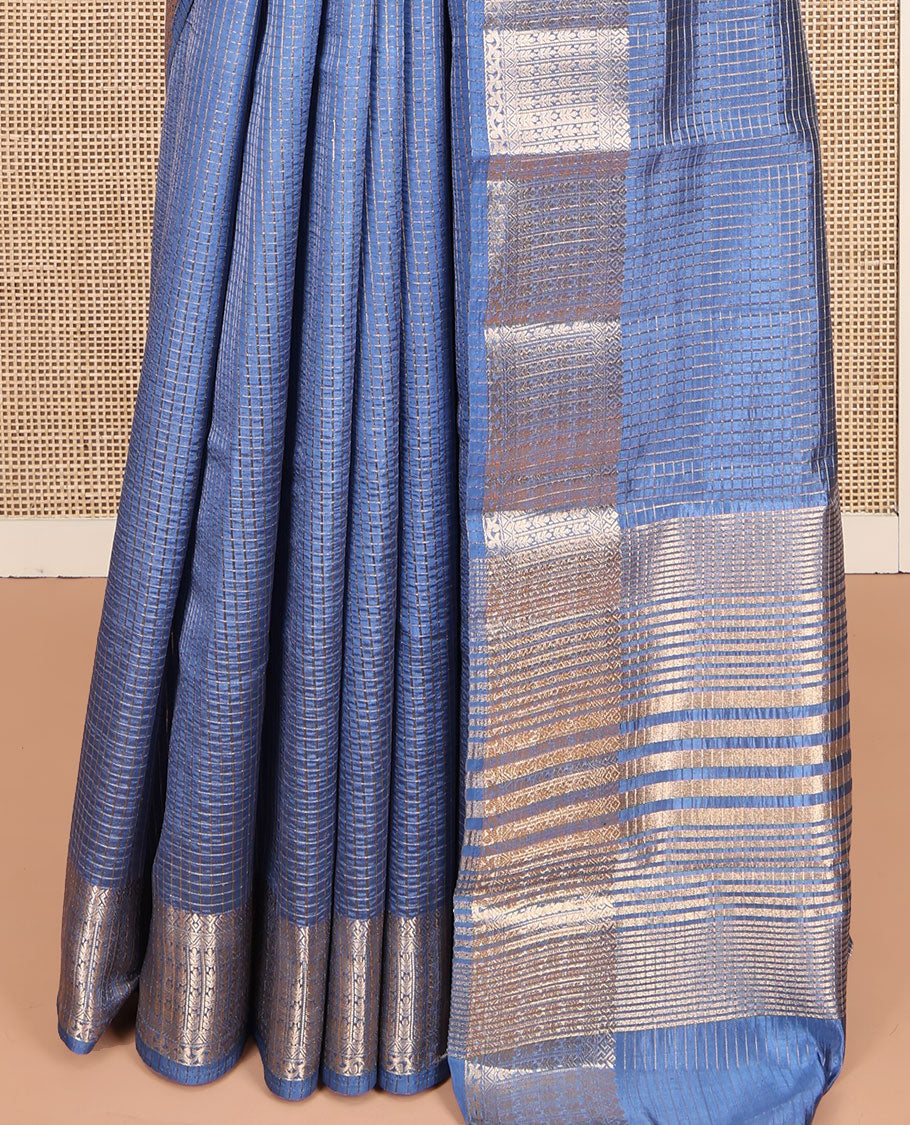 Blue Dupion Silk Saree, Elevated with Zari Micro-Checks, Highlighted by a Traditional Zari Design Border, Zari Striped Pallu, and a Matching Blouse