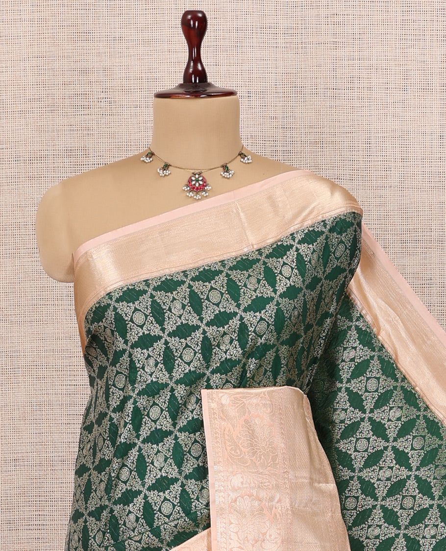 Green-Peach Jacquard Design Budget Silk Saree